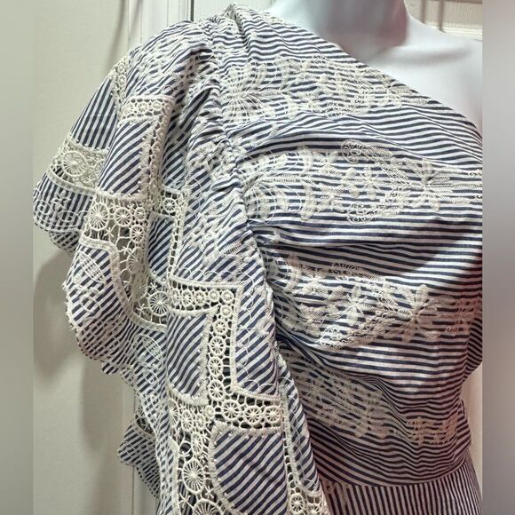 NWOT BCBGMAXAZRIA BCBG One Shoulder Embroidered Stripe Dress Blue Combo Size 14 - Picture 7 of 14